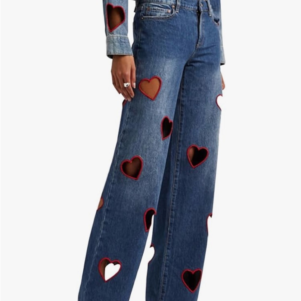 Similar to Alice + Olivia Blue Heart Accent Wide Leg Jeans